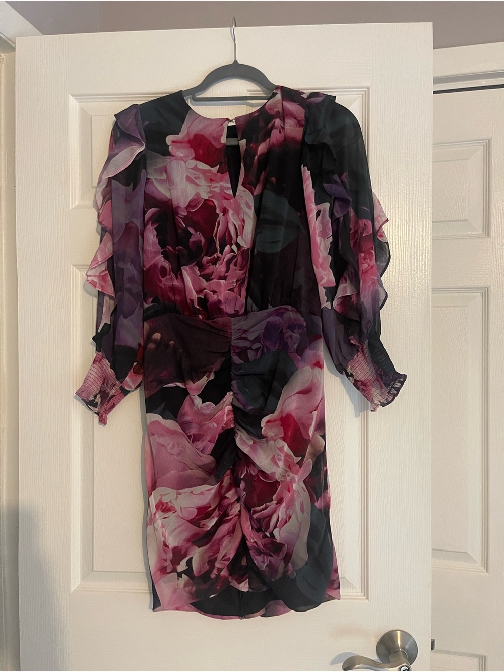 Express Floral Ruffle Long Sleeve Dress - Pink & Black